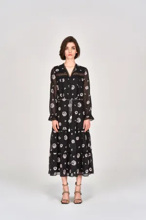Black Embroidered Tie-waist Dress