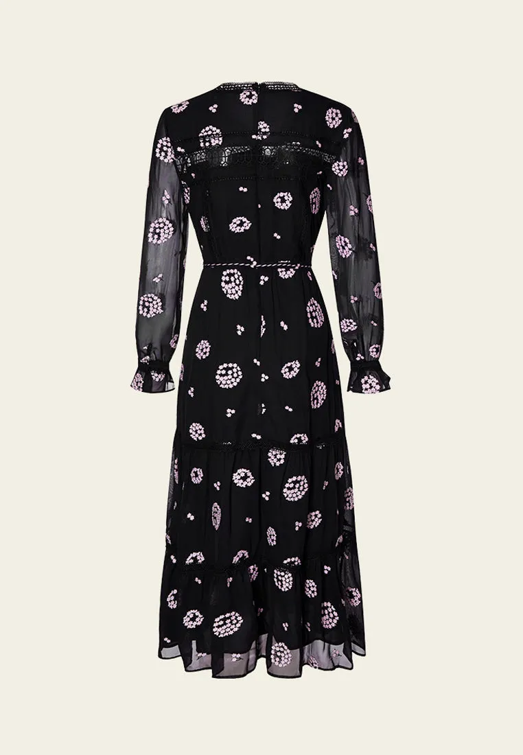 Black Embroidered Tie-waist Dress