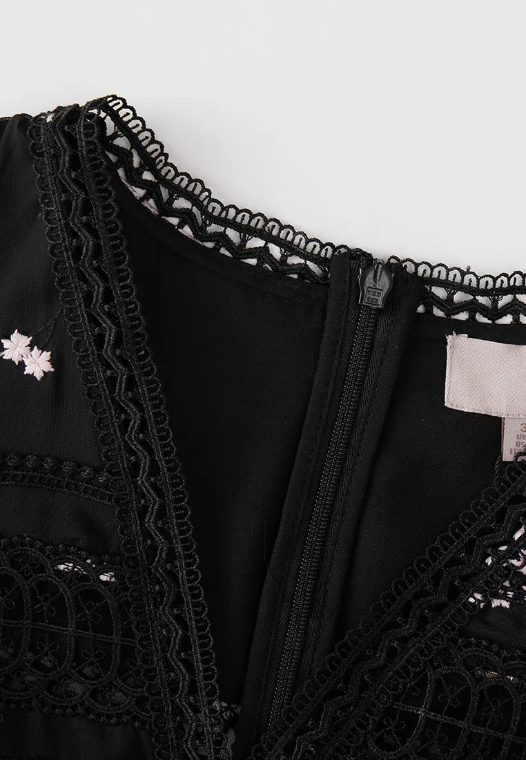 Black Embroidered Tie-waist Dress