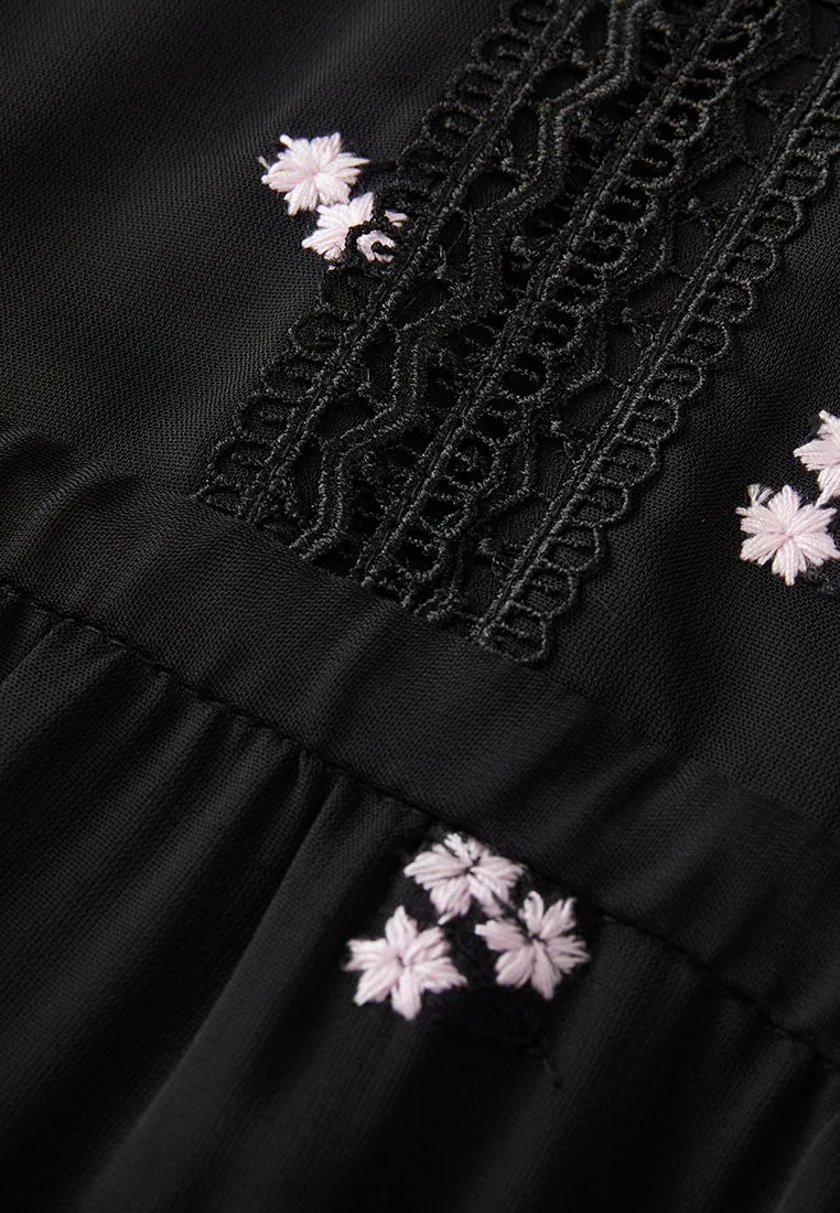 Black Embroidered Tie-waist Dress