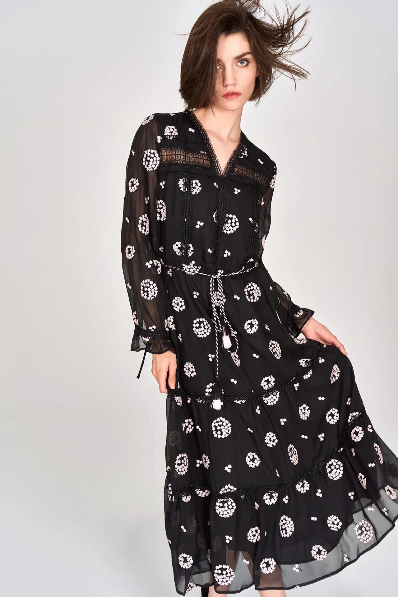 Black Embroidered Tie-waist Dress