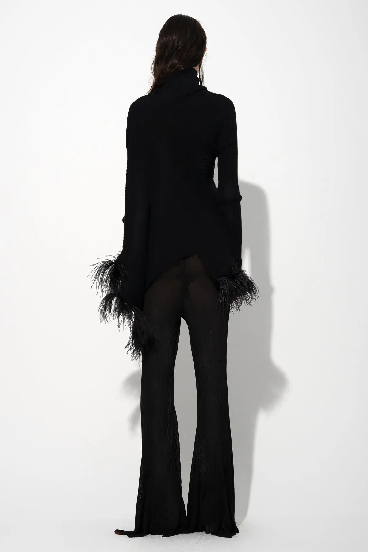 BLACK MERINO WOOL DRAPED JUMPER WITH FEATHERS