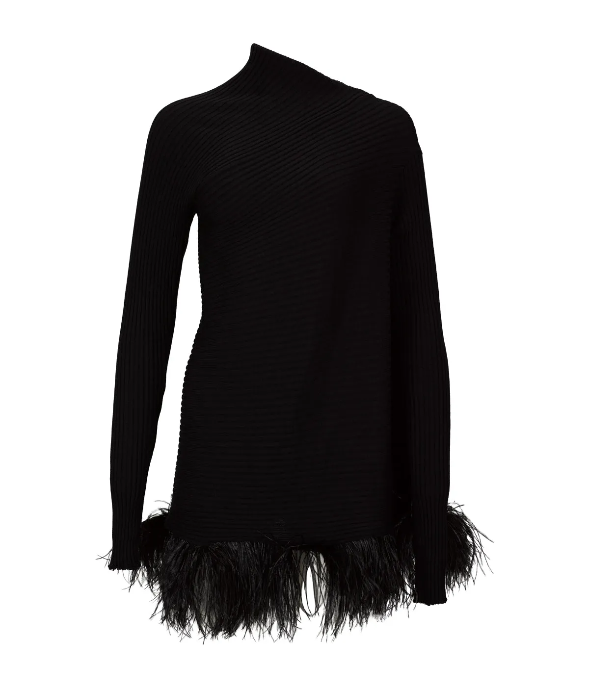 BLACK MERINO WOOL DRAPED JUMPER WITH FEATHERS