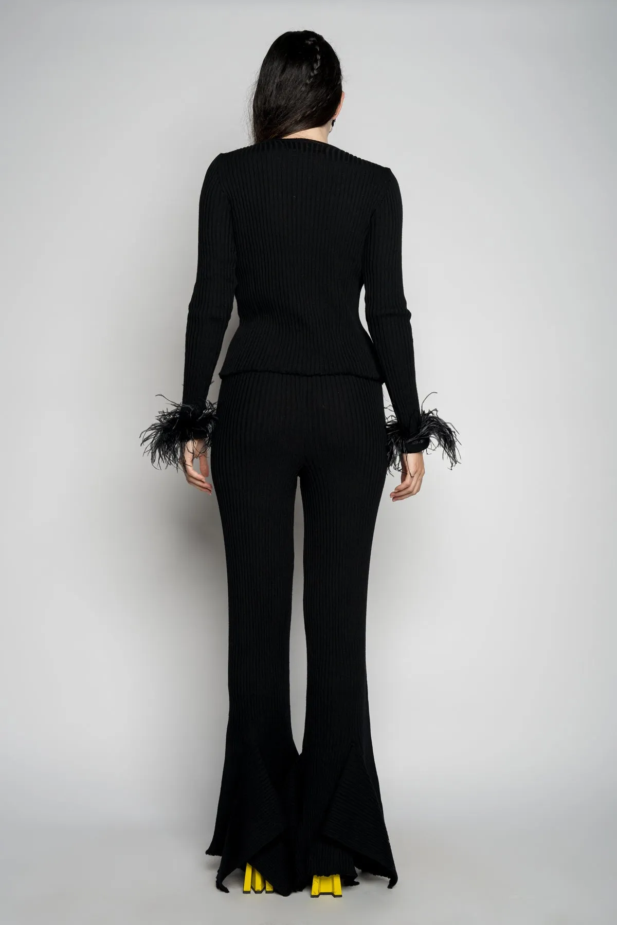 BLACK MERINO WOOL FITTED TOP WITH FEATHERS