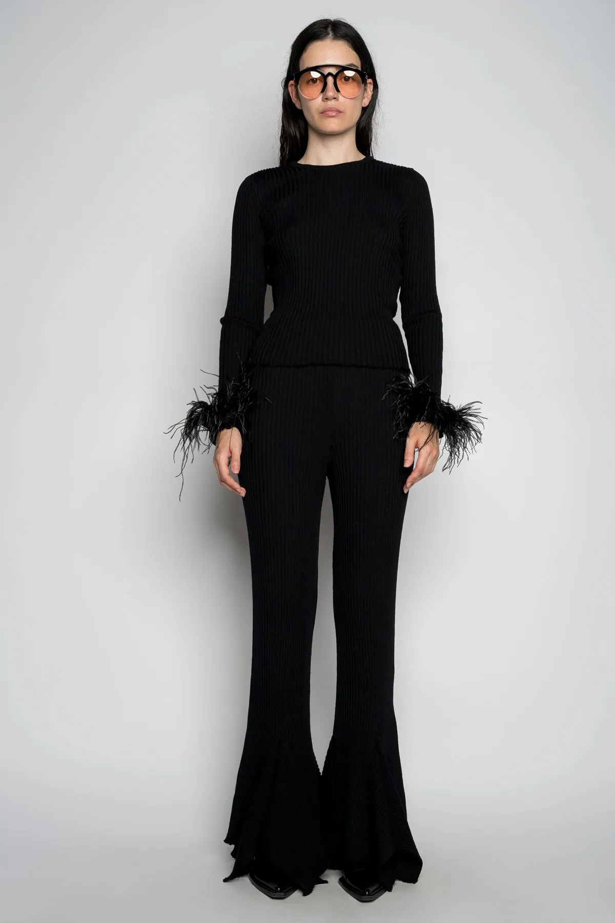 BLACK MERINO WOOL FITTED TOP WITH FEATHERS
