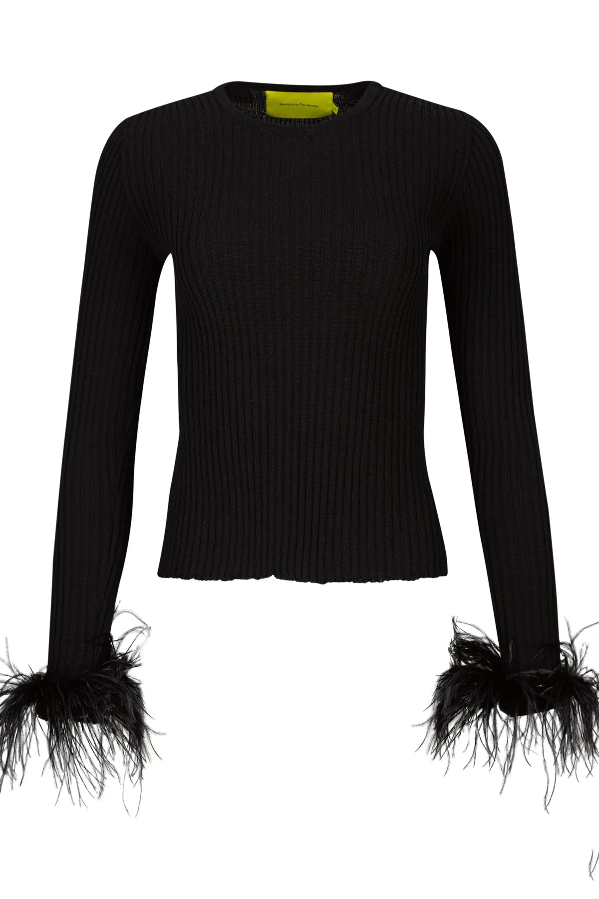 BLACK MERINO WOOL FITTED TOP WITH FEATHERS