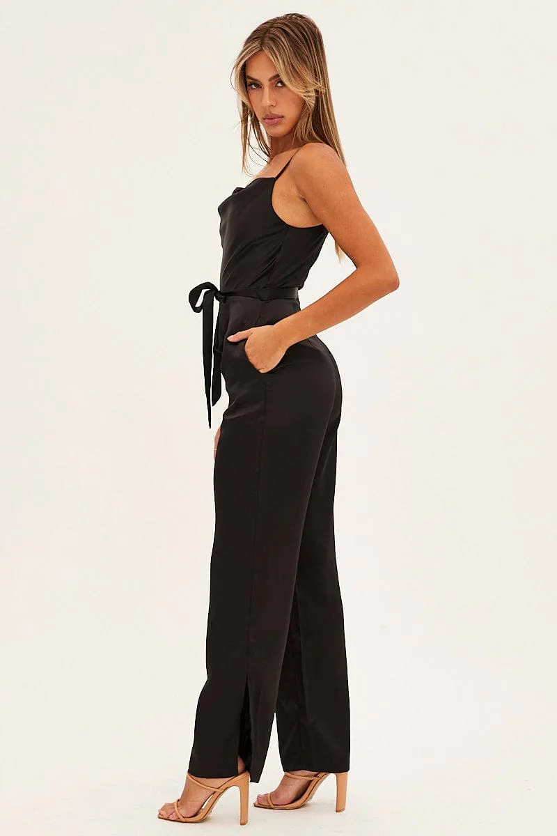Black Satin Jumpsuit Cowl Neck Belted Waist
