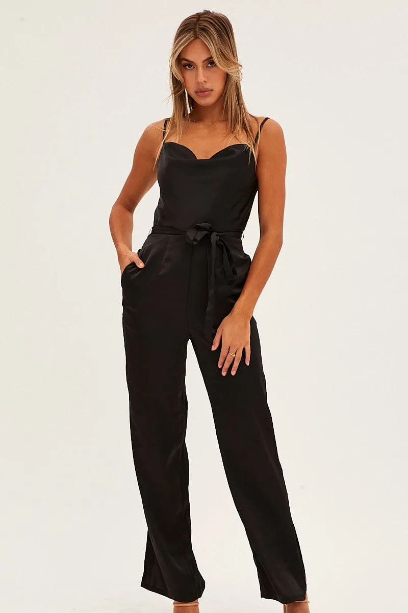 Black Satin Jumpsuit Cowl Neck Belted Waist