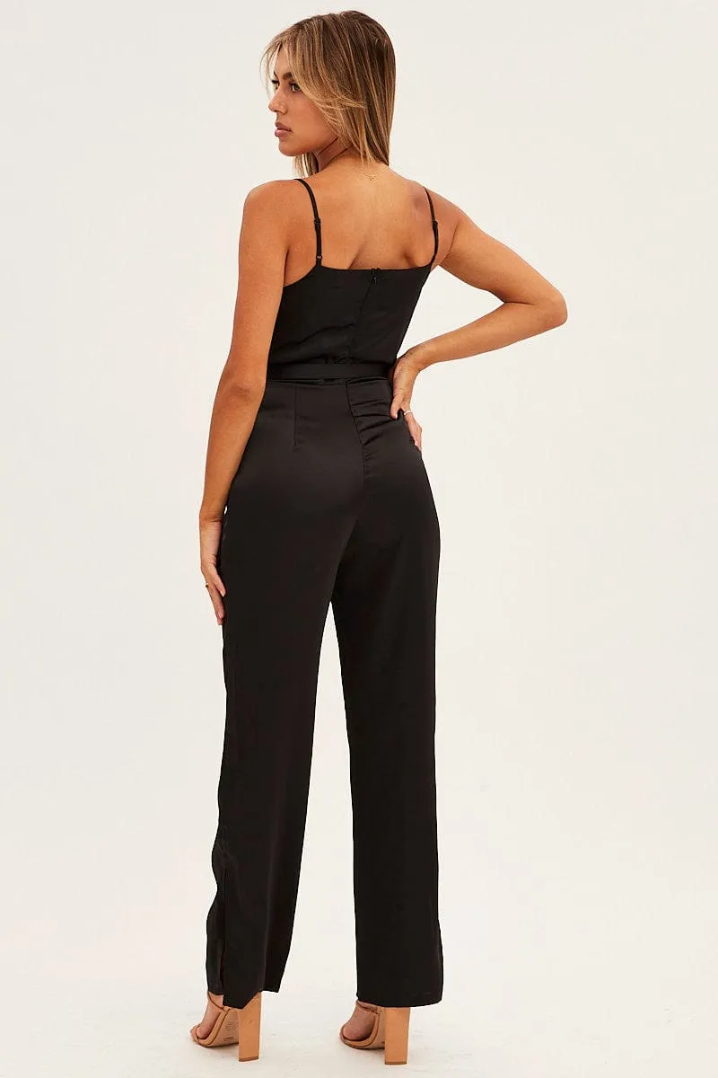 Black Satin Jumpsuit Cowl Neck Belted Waist