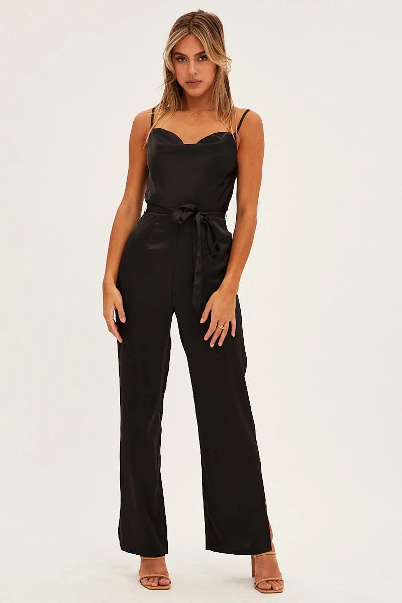 Black Satin Jumpsuit Cowl Neck Belted Waist