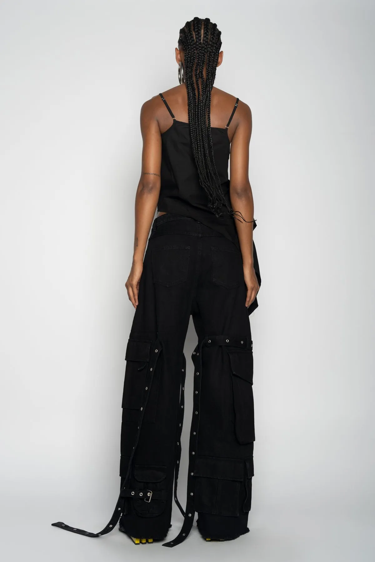 BLACK STRAP TOP WITH SIDE DRAPE