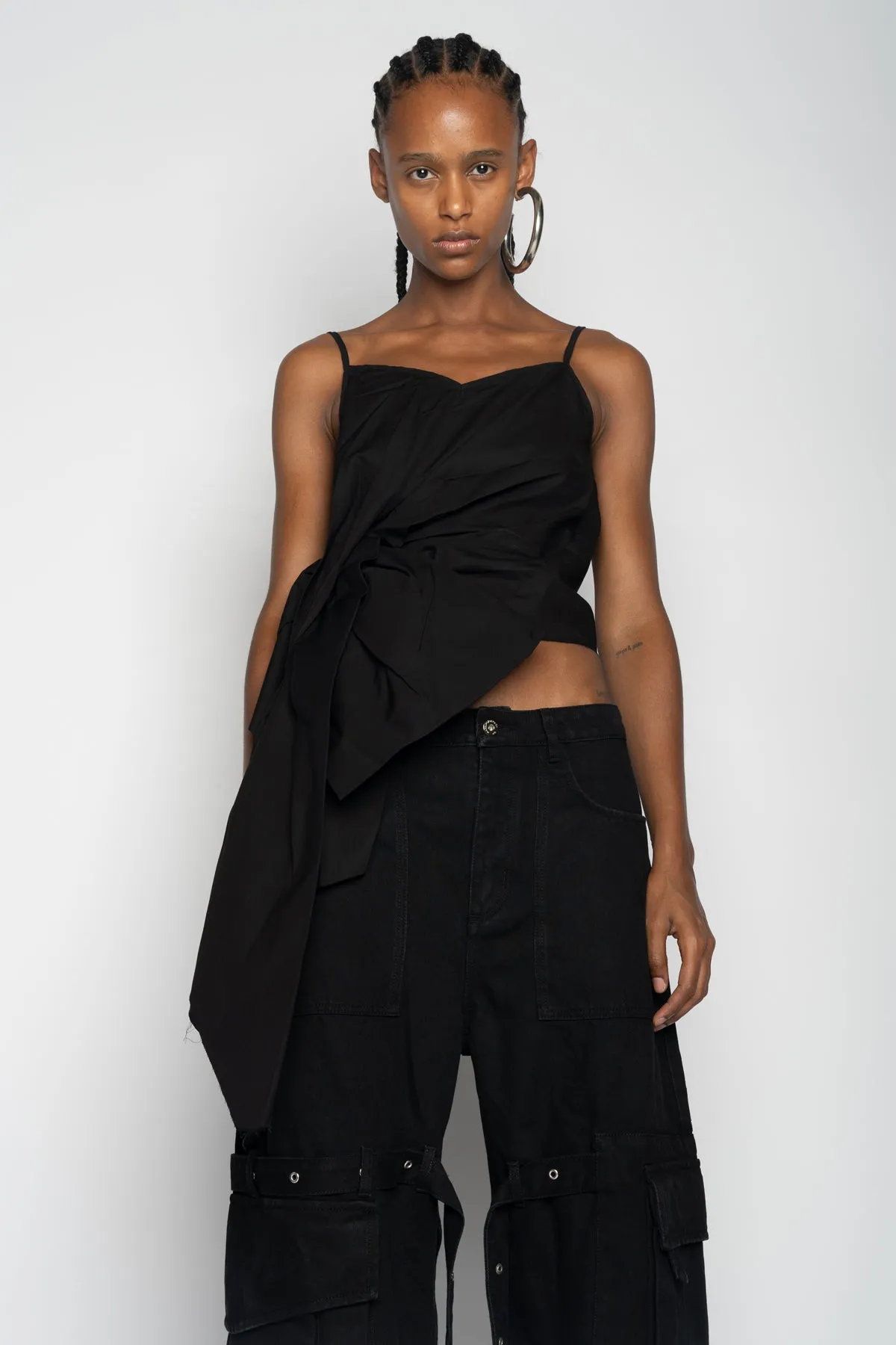 BLACK STRAP TOP WITH SIDE DRAPE
