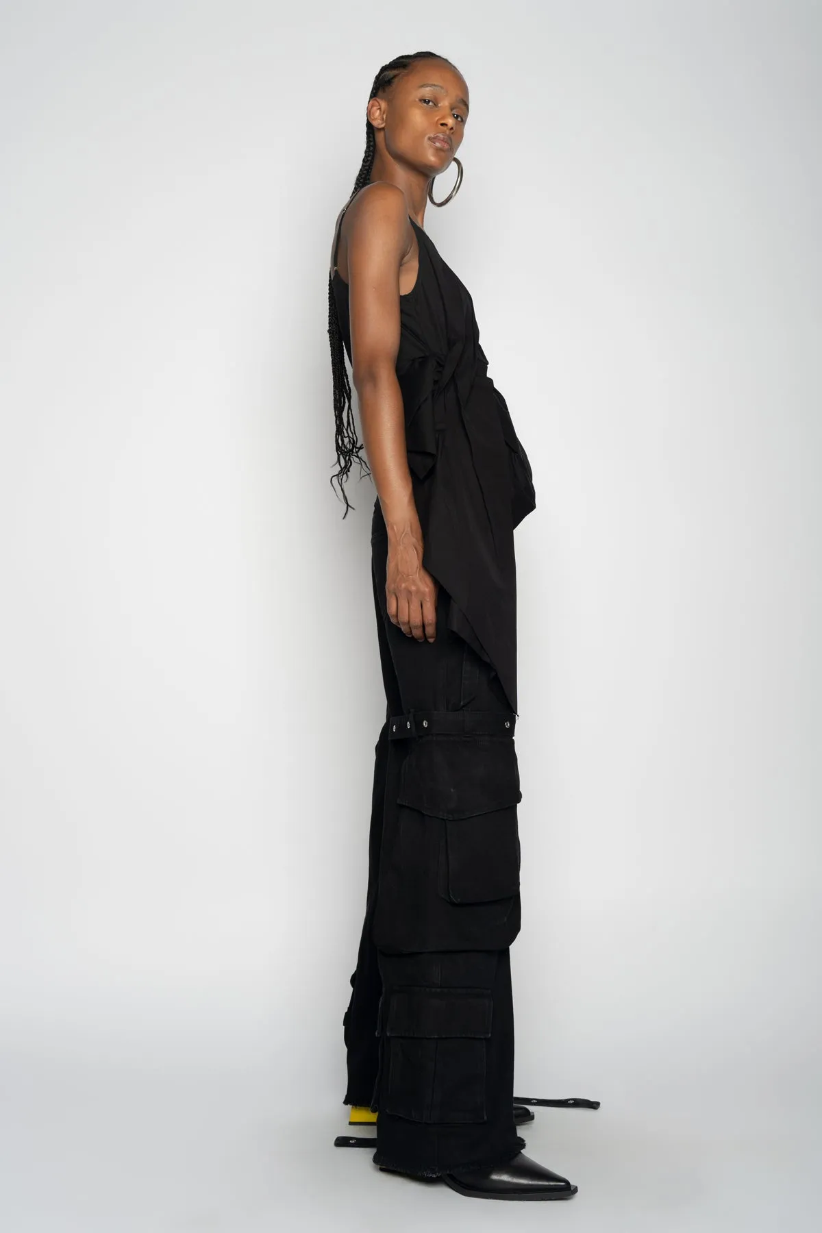 BLACK STRAP TOP WITH SIDE DRAPE