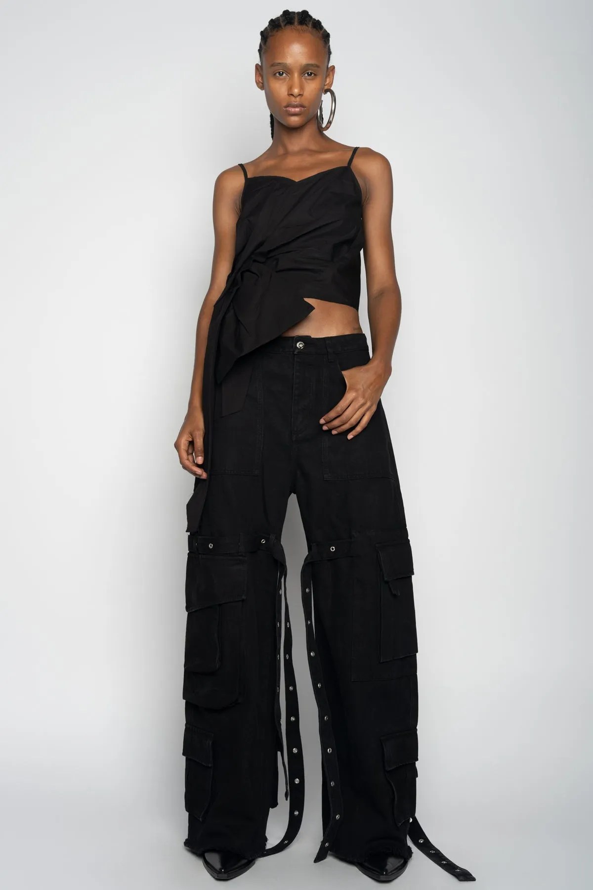 BLACK STRAP TOP WITH SIDE DRAPE