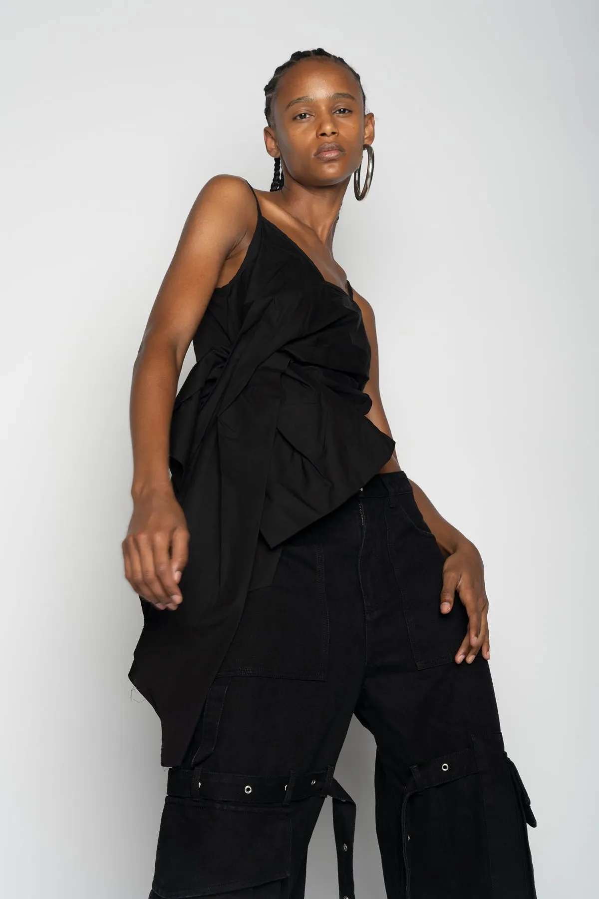 BLACK STRAP TOP WITH SIDE DRAPE