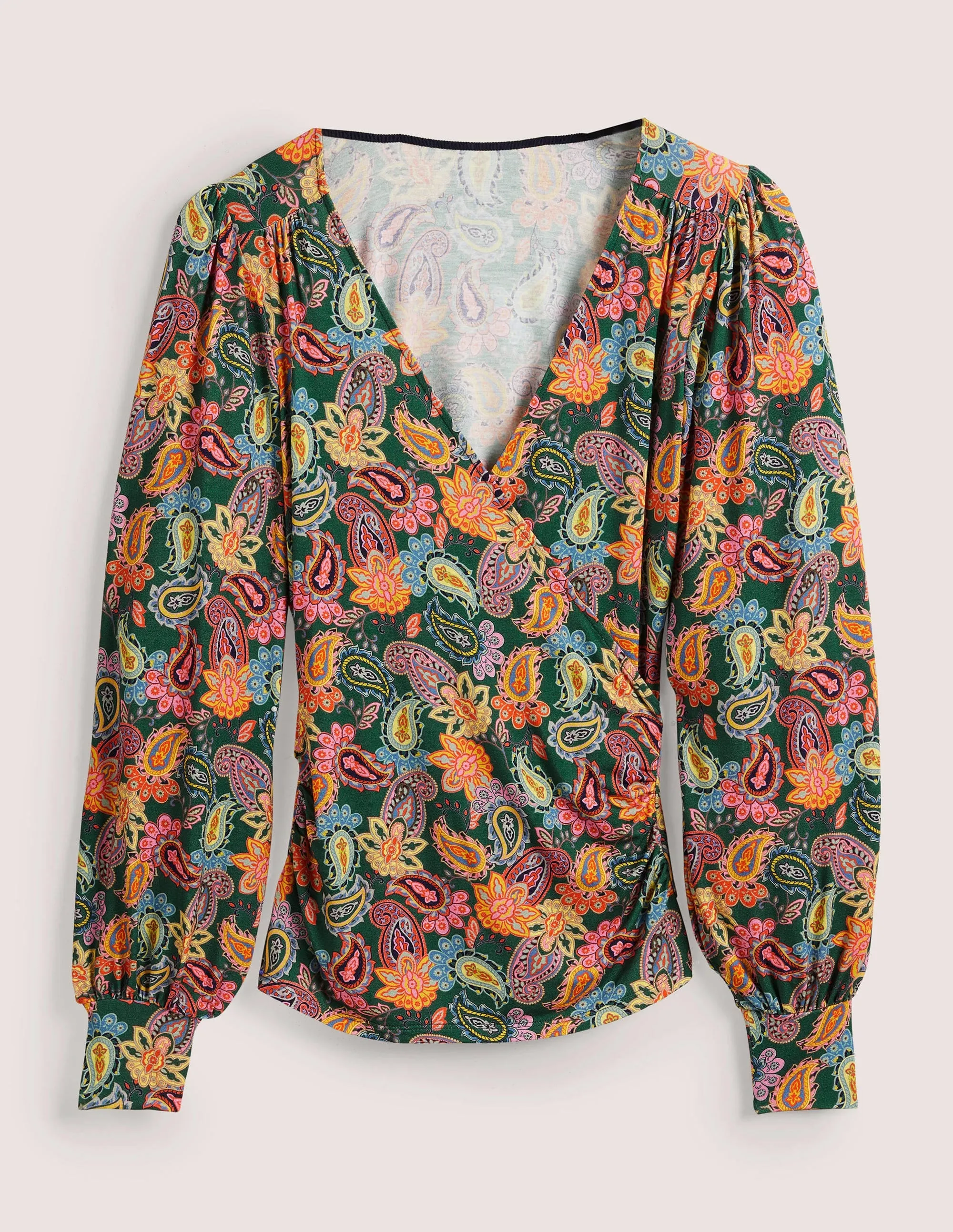 Blouson Wrap Top-Trekking Green. Paisley Charm