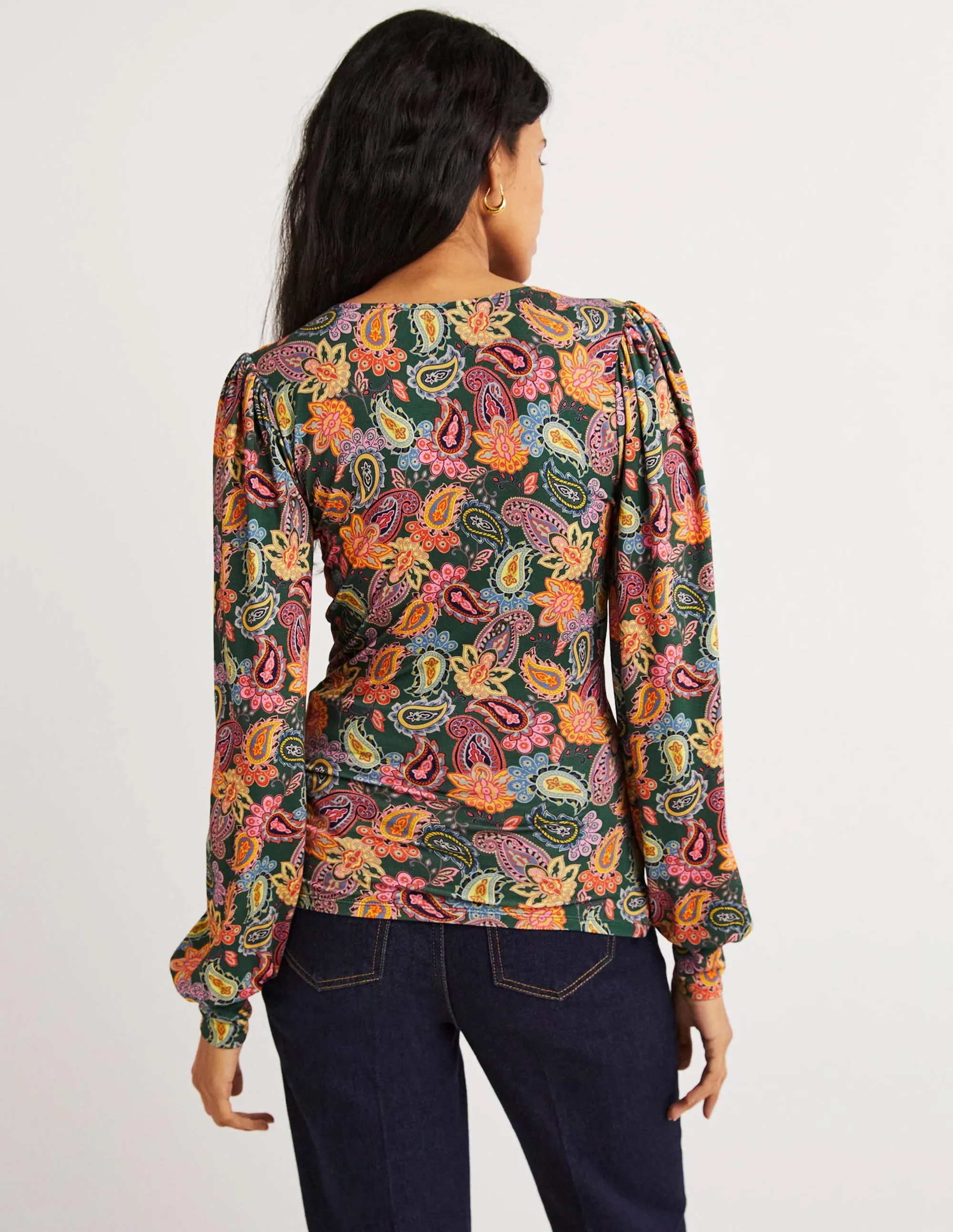 Blouson Wrap Top-Trekking Green. Paisley Charm