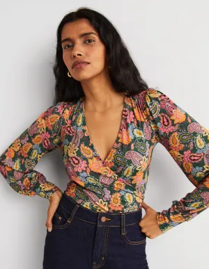 Blouson Wrap Top-Trekking Green. Paisley Charm