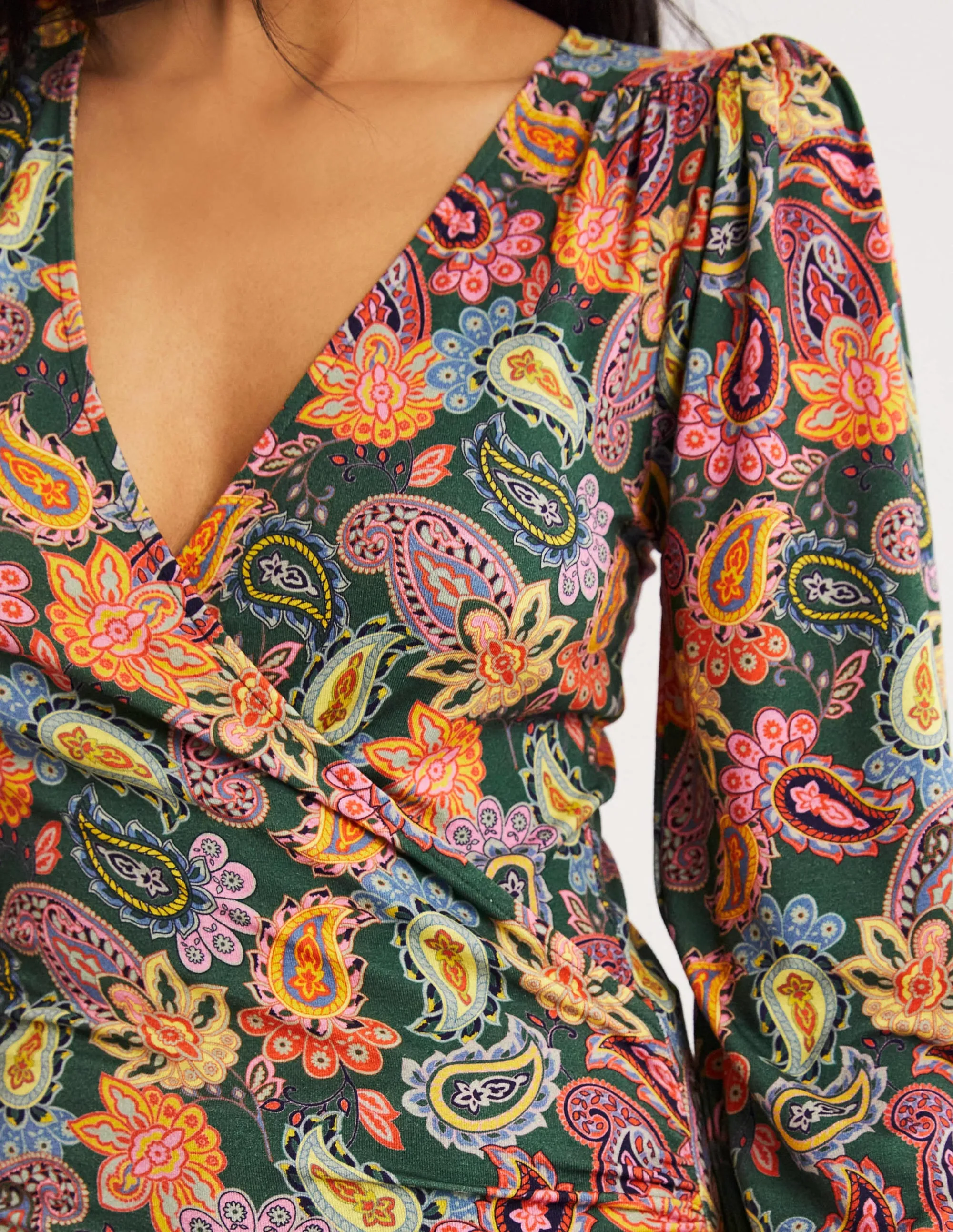Blouson Wrap Top-Trekking Green. Paisley Charm