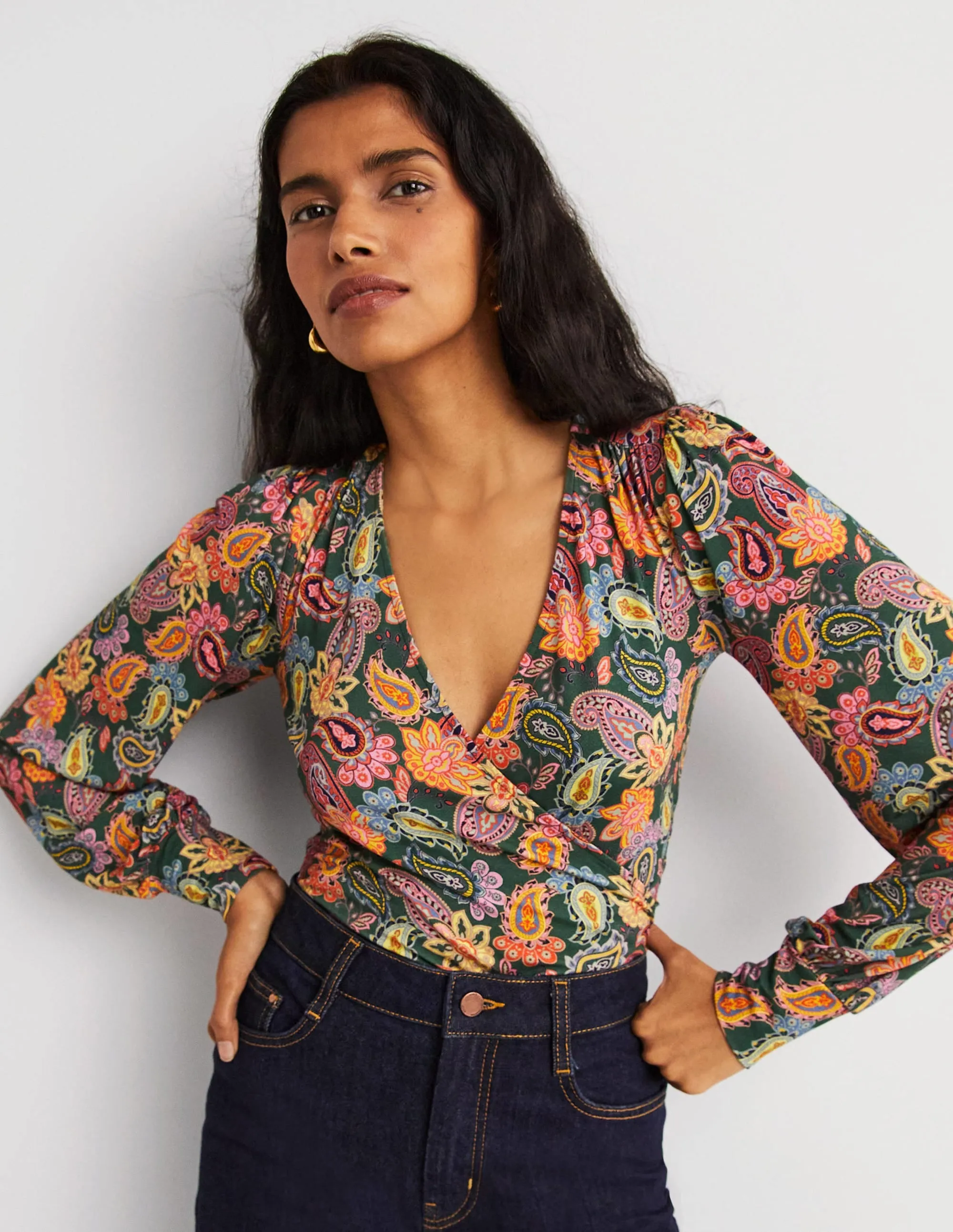 Blouson Wrap Top-Trekking Green. Paisley Charm