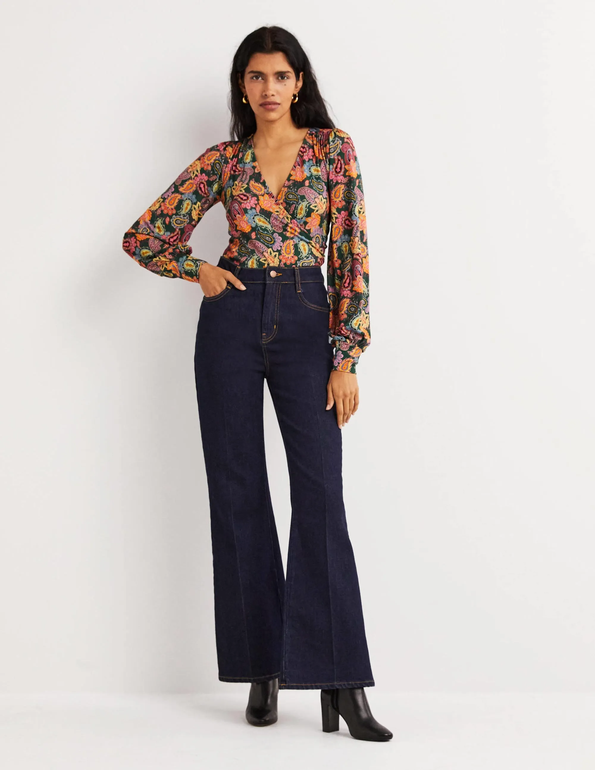 Blouson Wrap Top-Trekking Green. Paisley Charm
