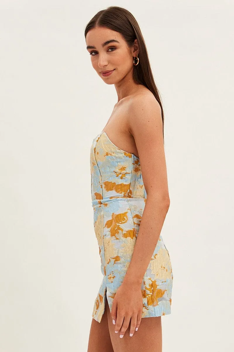 Blue Floral Mini Dress Strapless Bodycon