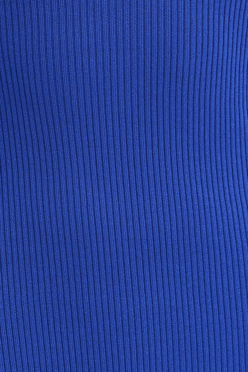 Blue Knit Dress Long Sleeve High Neck Cut Out