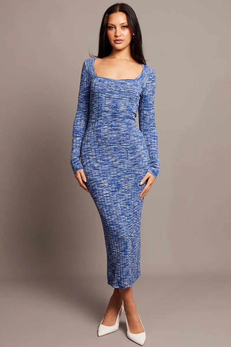 Blue Knit Dress Long Sleeve Space Dye