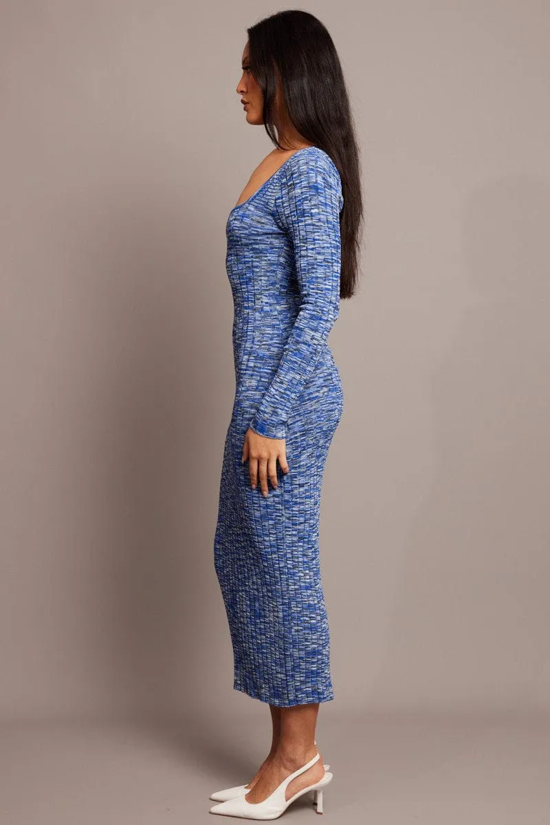 Blue Knit Dress Long Sleeve Space Dye