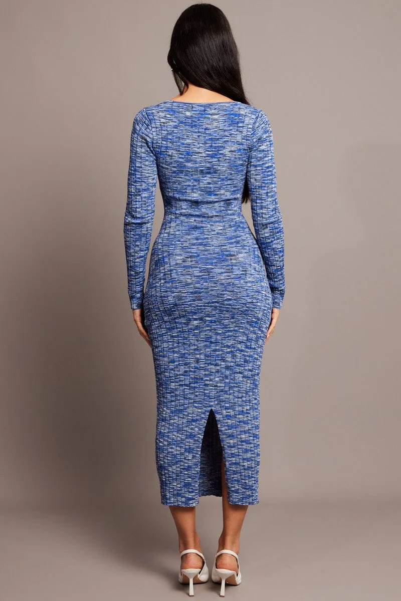 Blue Knit Dress Long Sleeve Space Dye