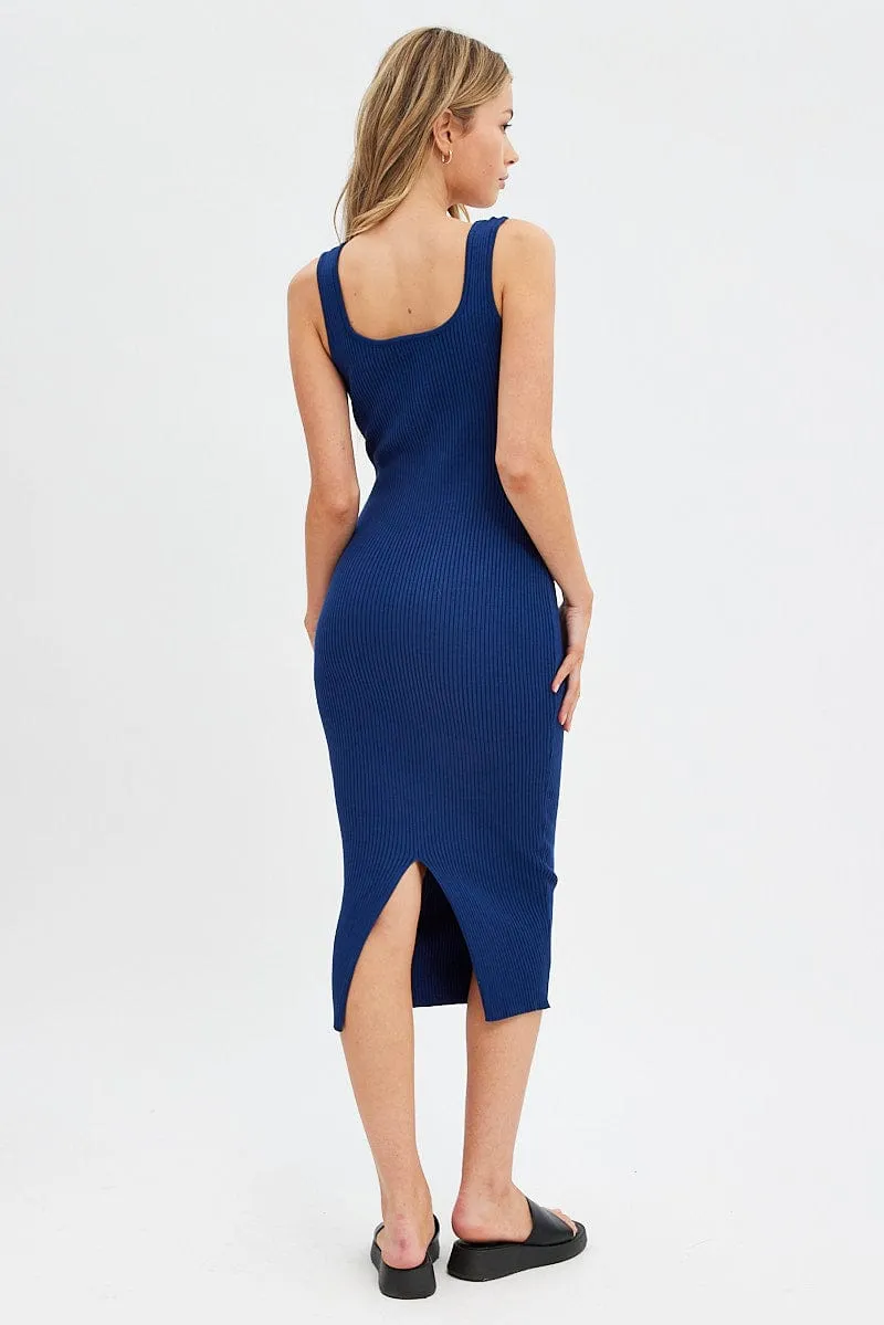Blue Knit Midi Dress Sleeveless Scoop Neck Bodycon Rib