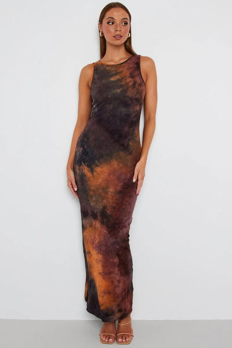 Brown Abstract Maxi Dress Sleeveless Jersey