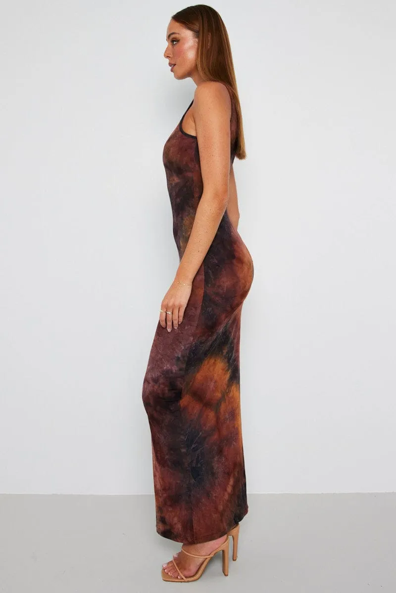 Brown Abstract Maxi Dress Sleeveless Jersey