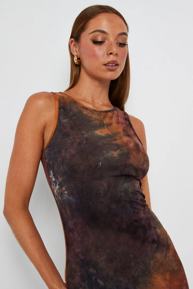 Brown Abstract Maxi Dress Sleeveless Jersey