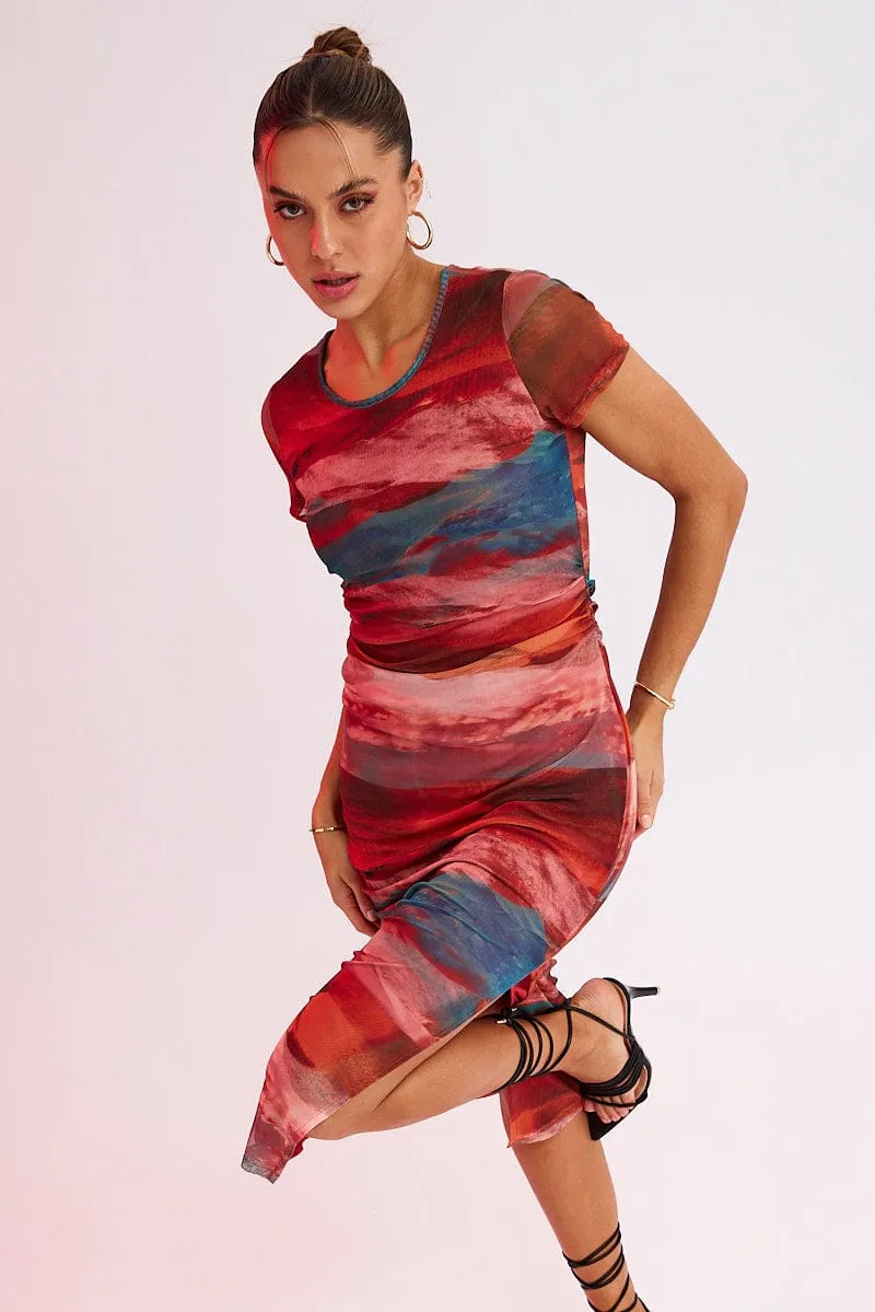 Brown Abstract Midi Dress Short Sleeve Bodycon Mesh