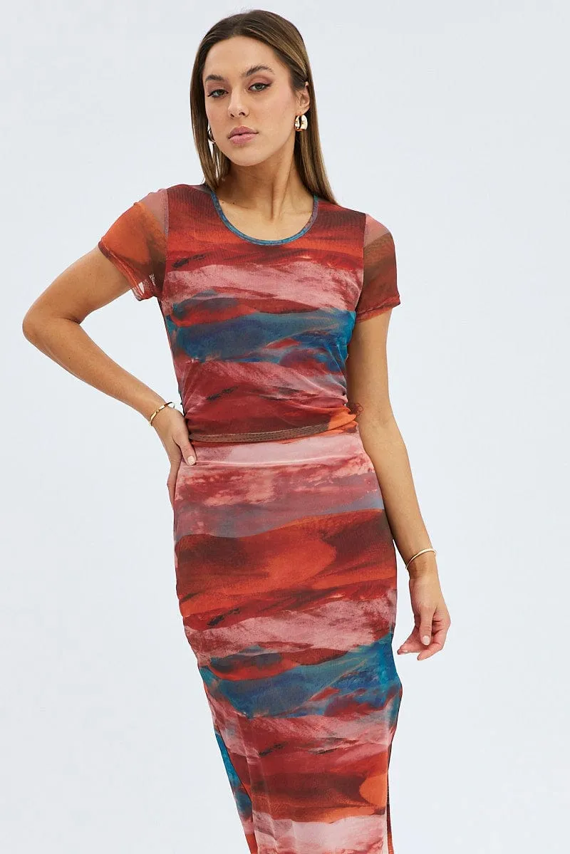 Brown Abstract Midi Dress Short Sleeve Bodycon Mesh