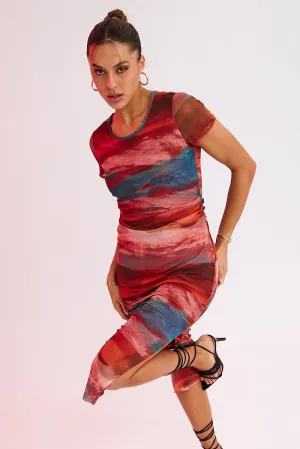 Brown Abstract Midi Dress Short Sleeve Bodycon Mesh