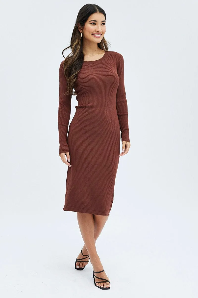 Brown Knit Dress Long Sleeve Midi