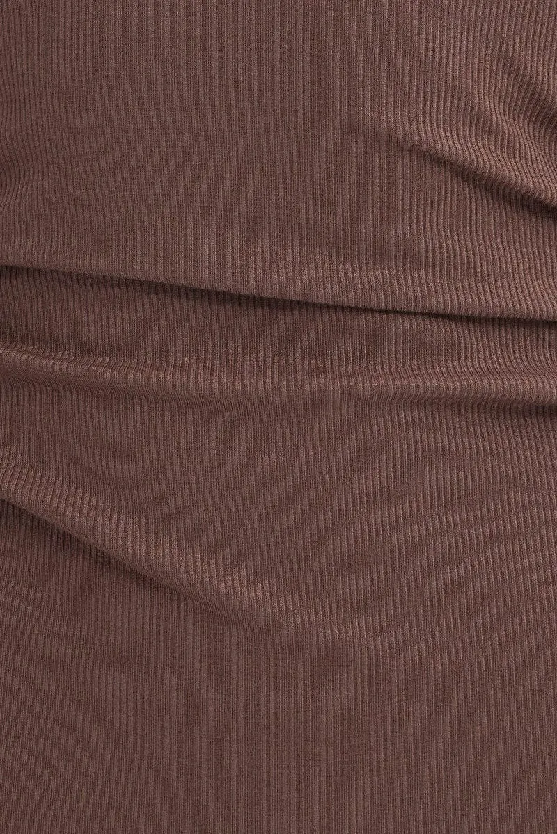Brown Midi Dress Long Sleeve High Neck Rib Jersey