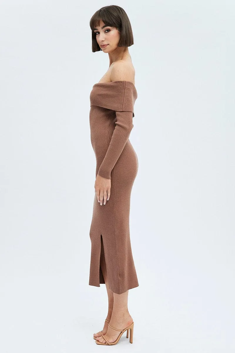Brown Midi Dress Long Sleeve Off Shoulder Bardot Knit