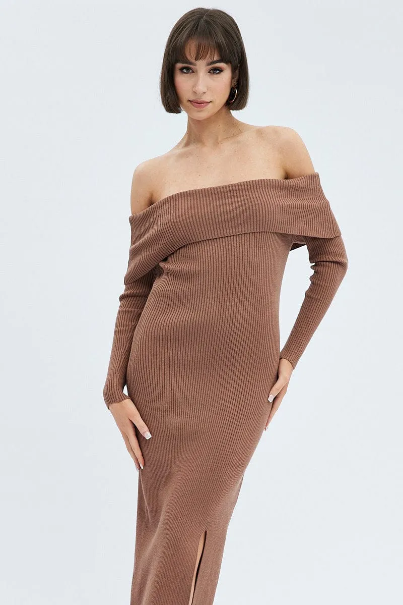 Brown Midi Dress Long Sleeve Off Shoulder Bardot Knit