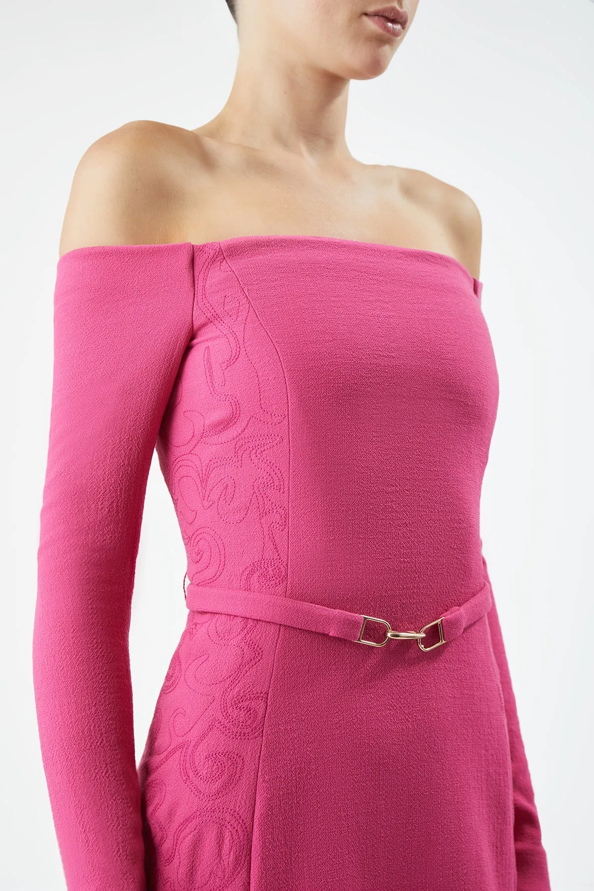 Carole Embroidered Dress in Fuchia Virgin Wool Crepe