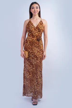 Cheetah V Neck Strappy Chiffon Slip Maxi