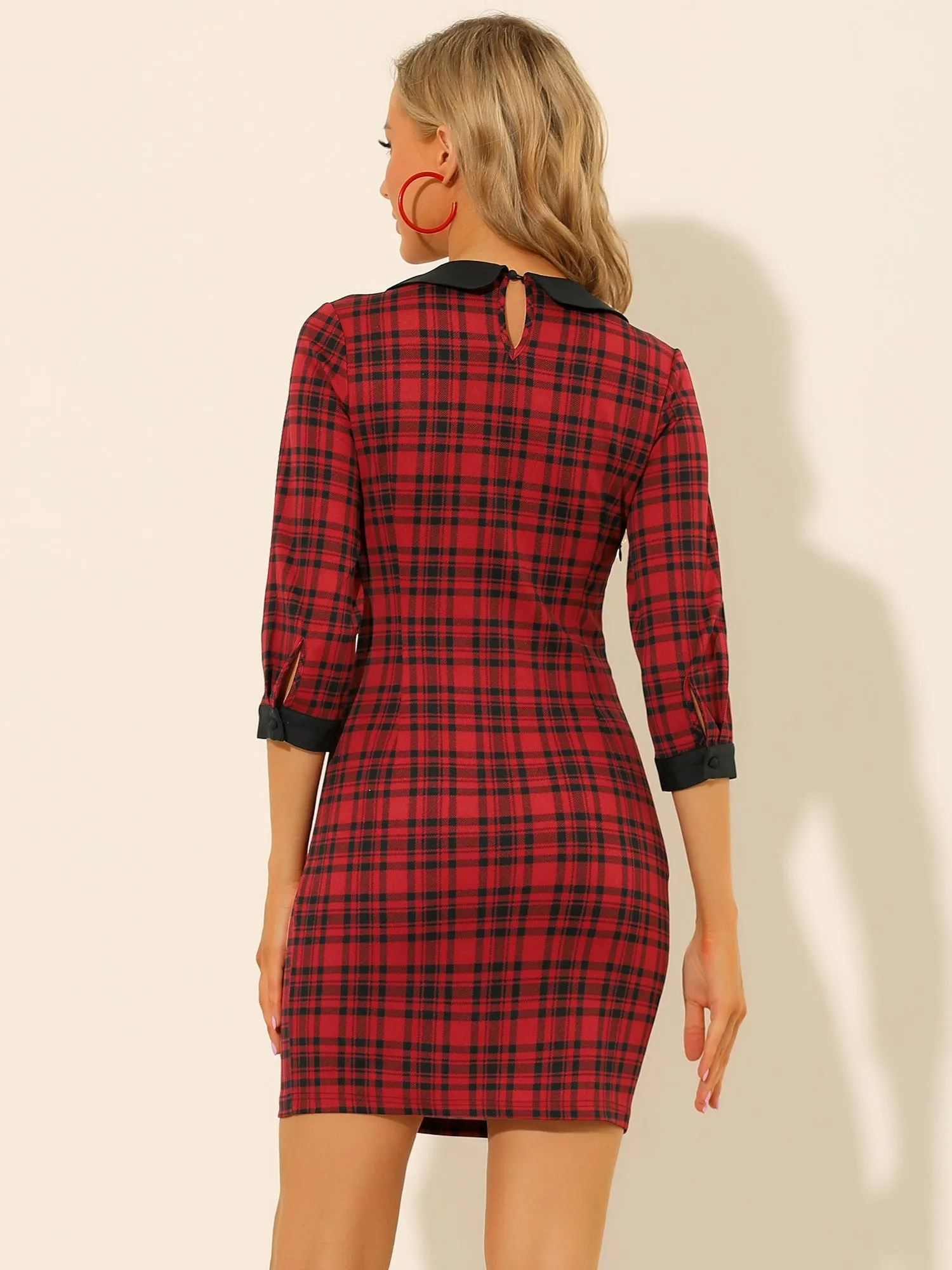 Contrast Peter Pan Collar Keyhole Back Plaid Bodycon Dress