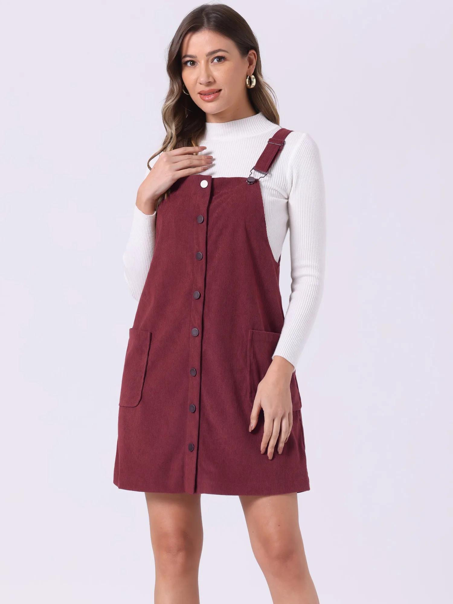 Corduroy Adjustable Straps Button Down Pinafore Overall Dress