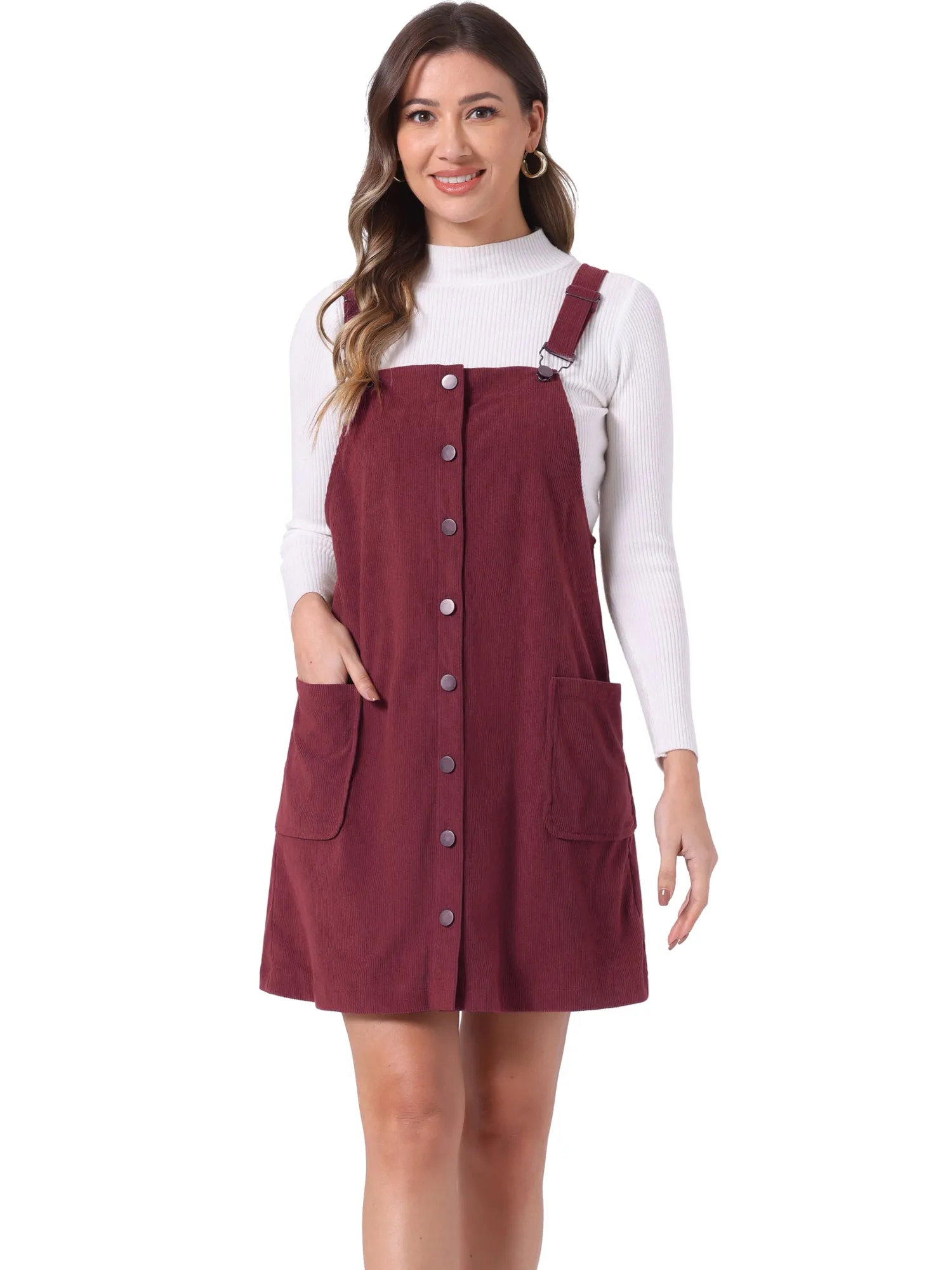 Corduroy Adjustable Straps Button Down Pinafore Overall Dress