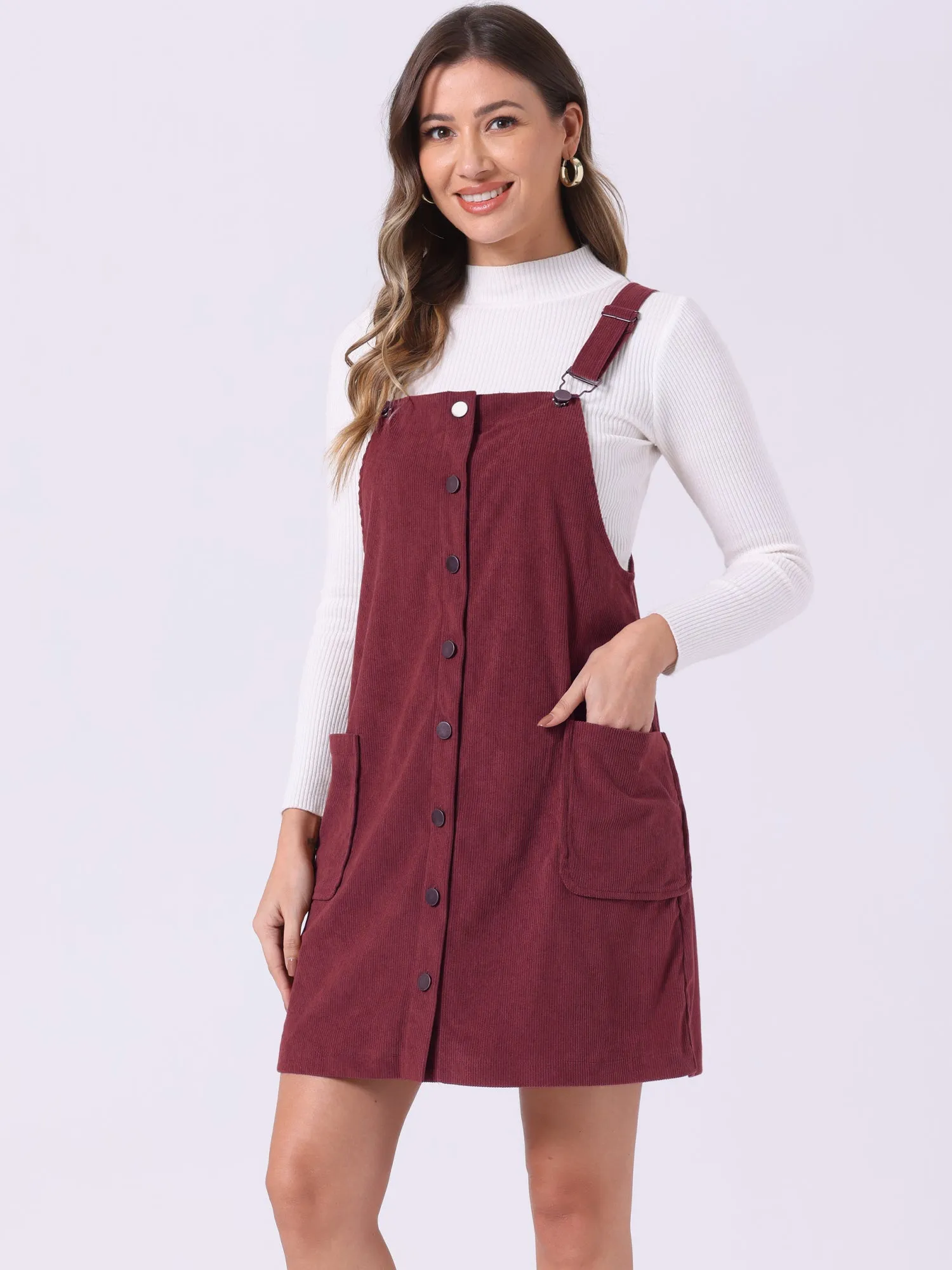 Corduroy Adjustable Straps Button Down Pinafore Overall Dress