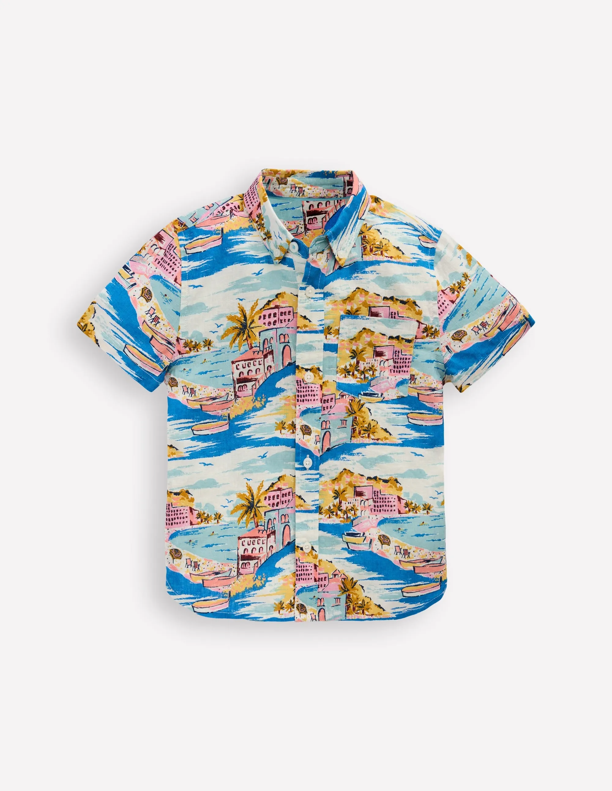 Cotton Linen Shirt-Multi Coastal Scene