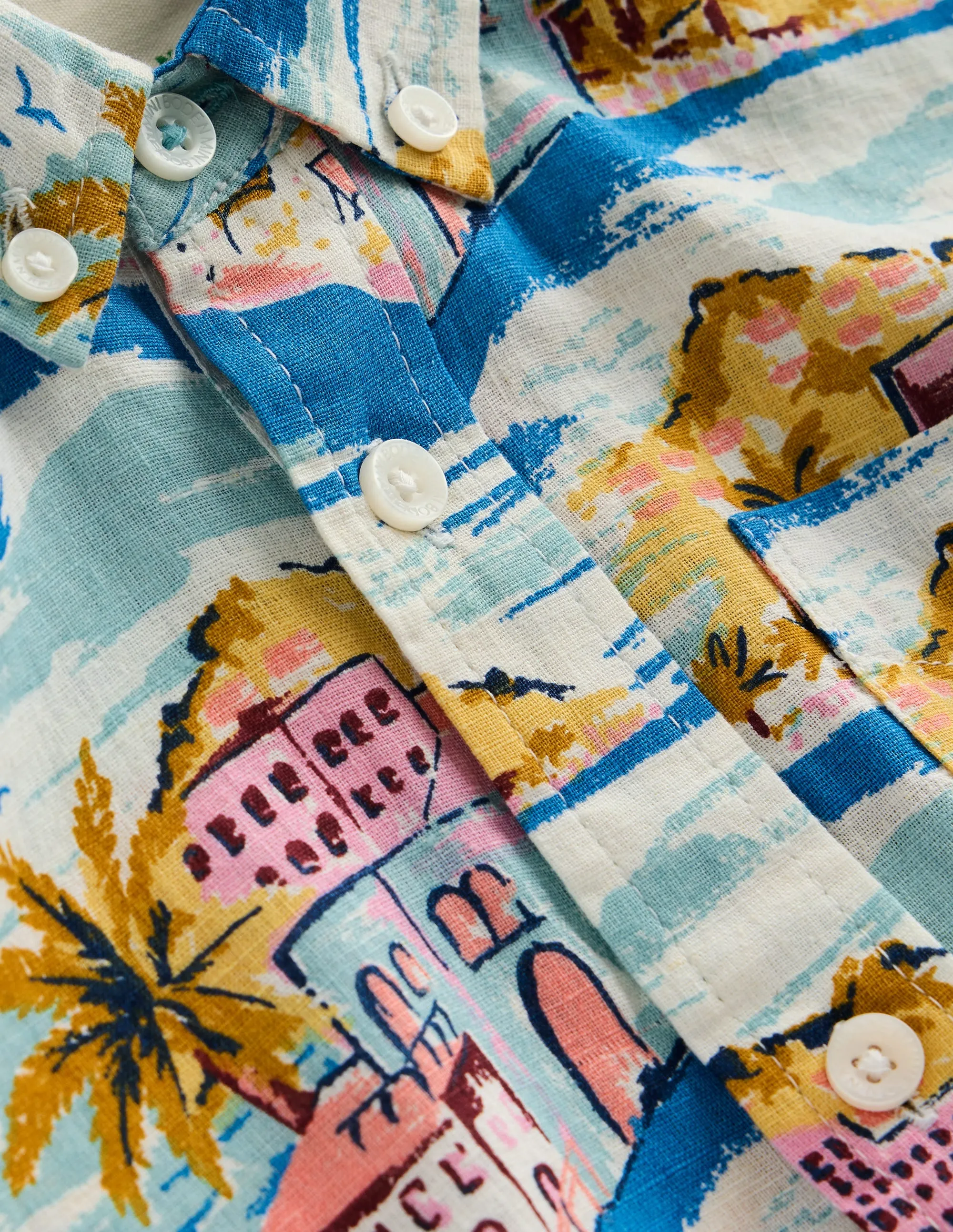 Cotton Linen Shirt-Multi Coastal Scene