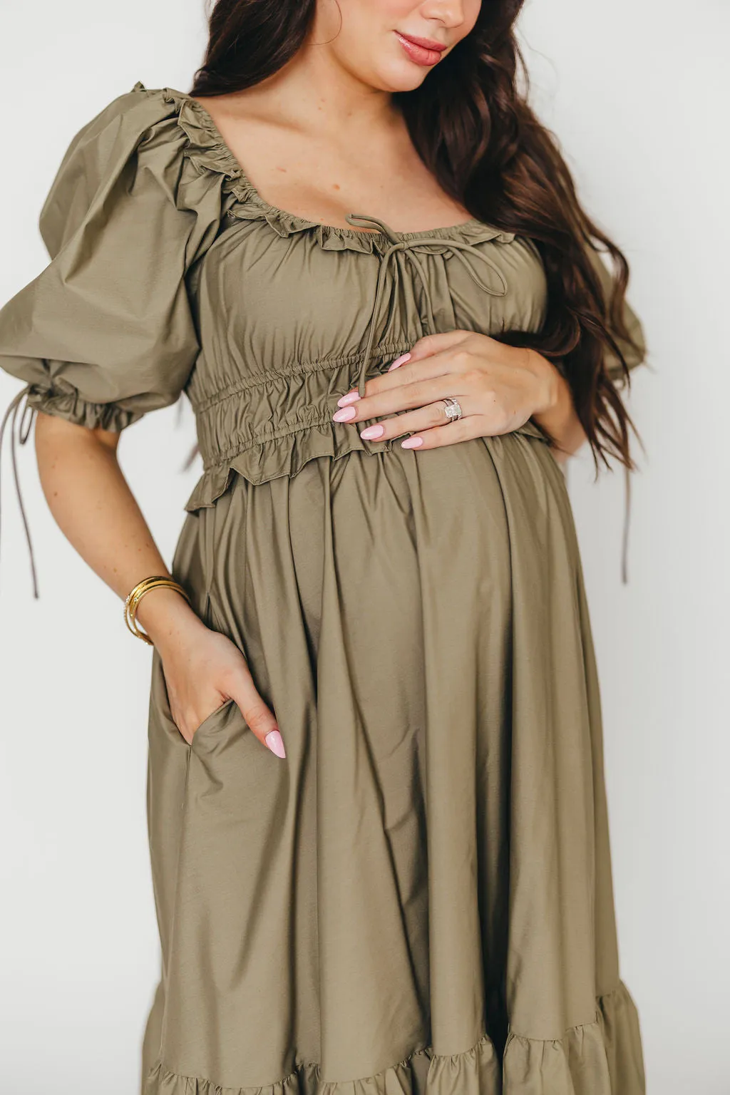 Crissy Ruched Midi Dress in Dusty Olive - Bump Friendly